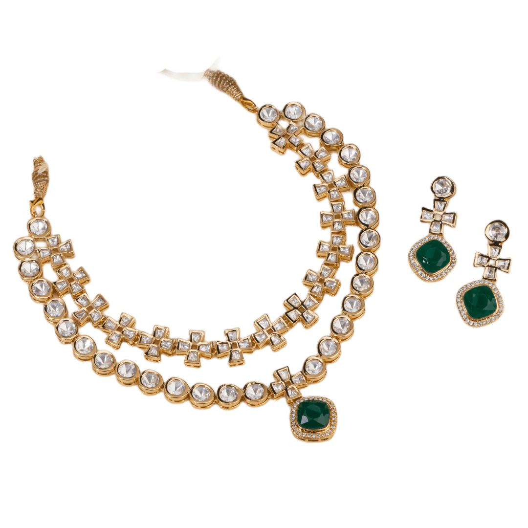 Double-layer zircon necklace set with green pendant and matching earrings for a striking party look.