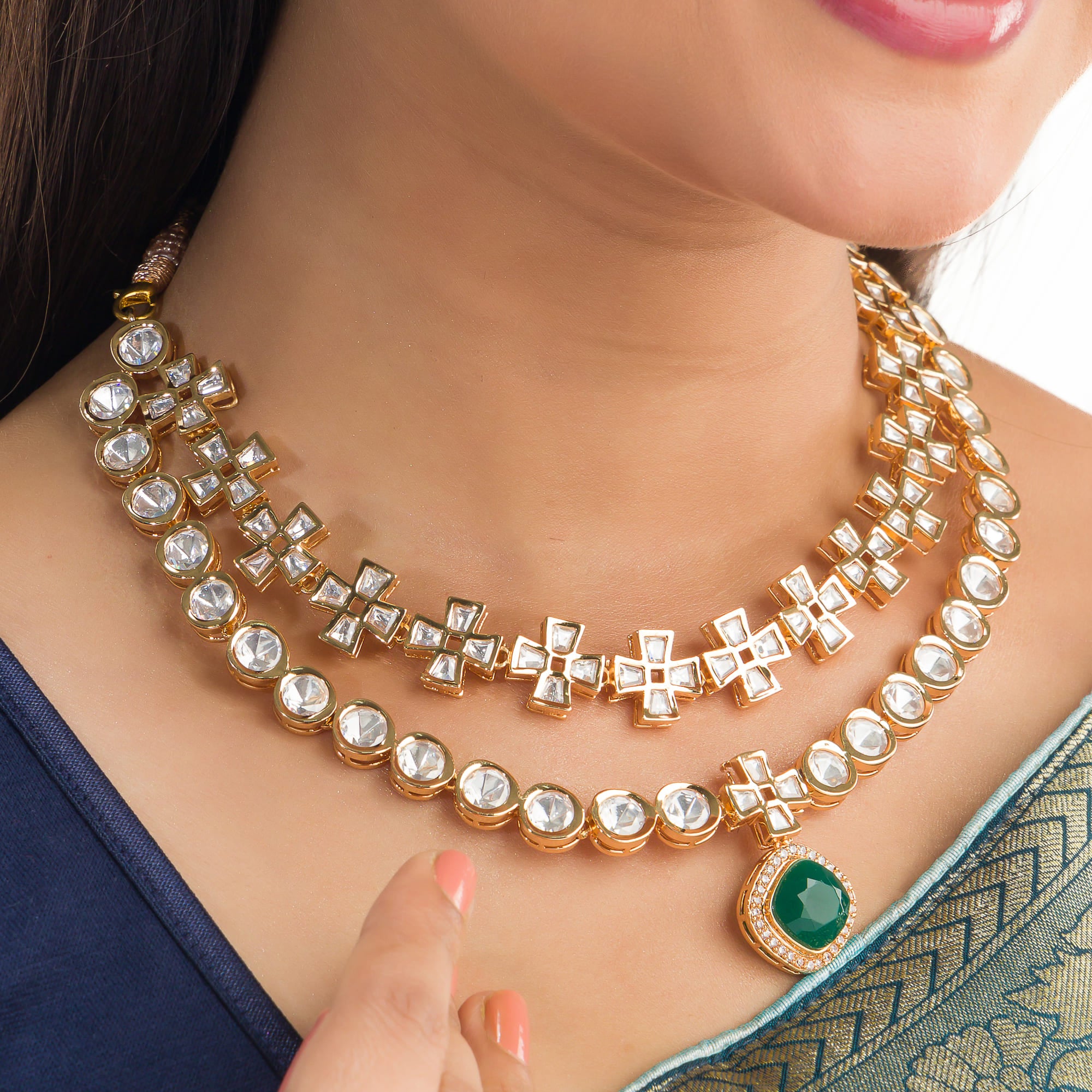 Double-layer zircon necklace set with green pendant and matching earrings for a striking party look.