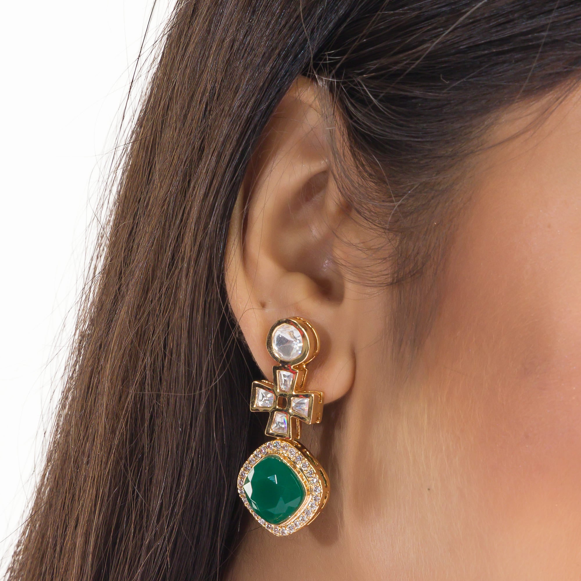 Double-layer zircon necklace set with green pendant and matching earrings for a striking party look.