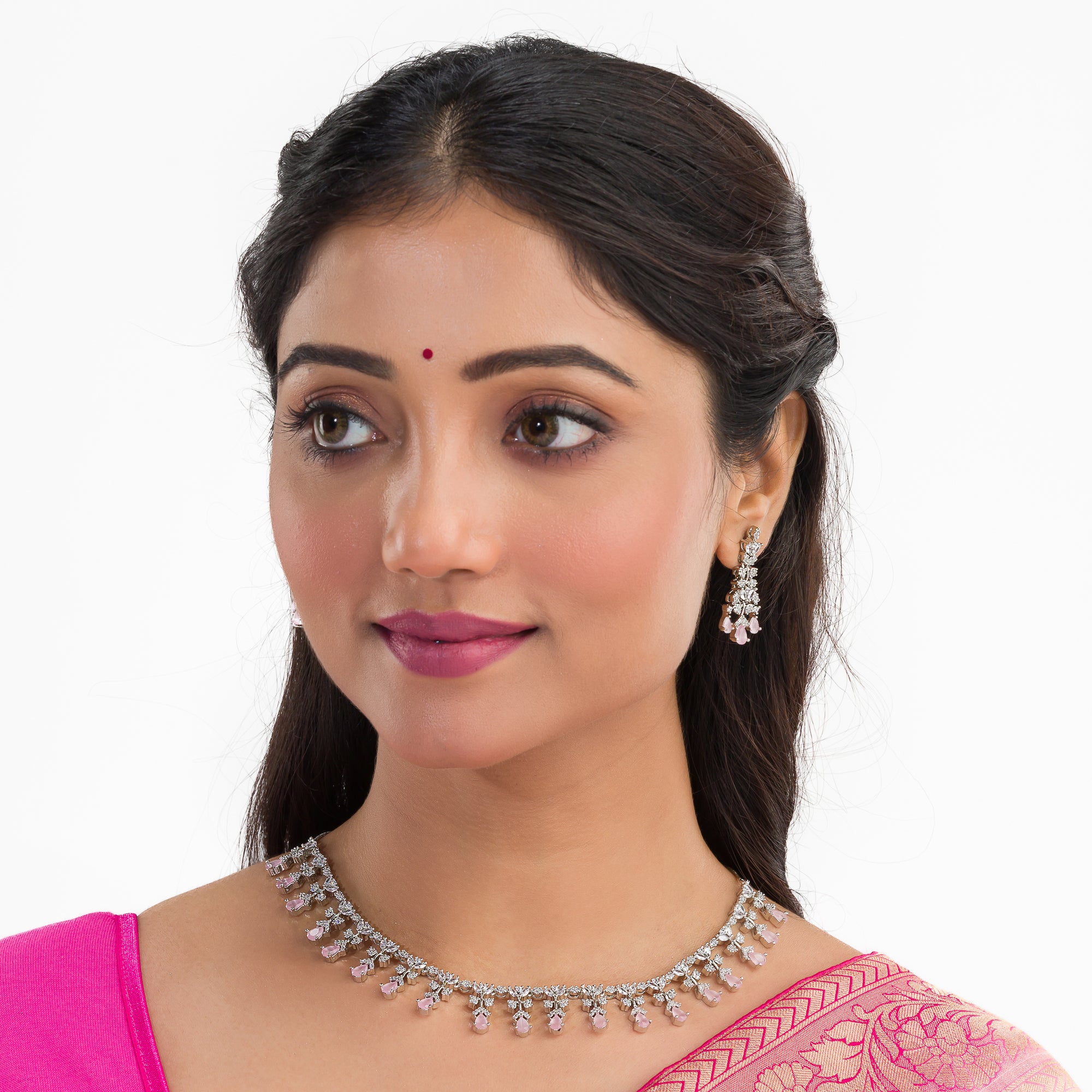 Pink and white zircon necklace set with matching earrings, offering a delicate and elegant design.