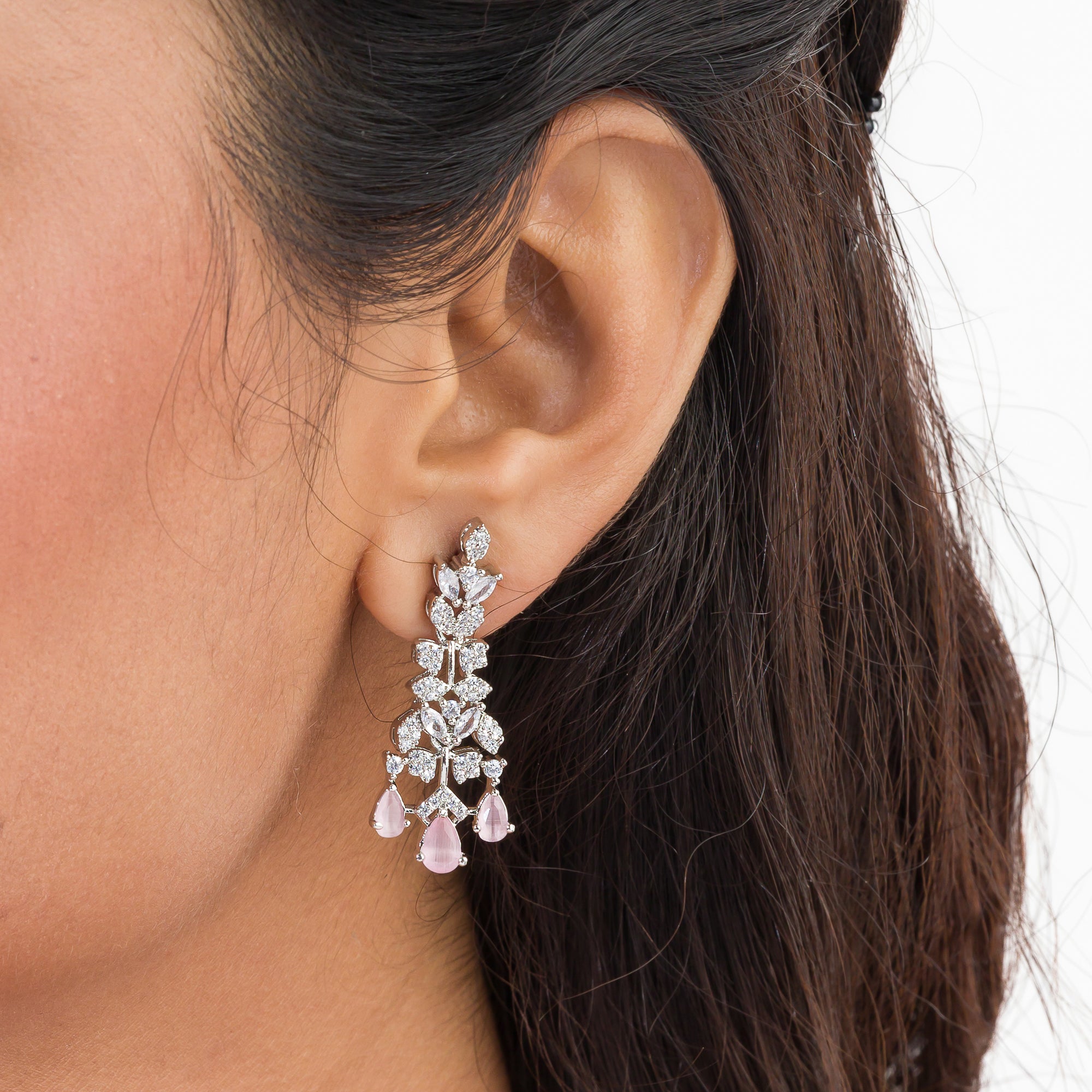 Pink and white zircon necklace set with matching earrings, offering a delicate and elegant design.