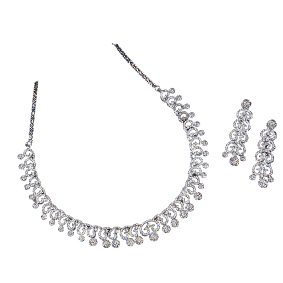 White zircon necklace set with matching earrings for timeless elegance and sophistication.