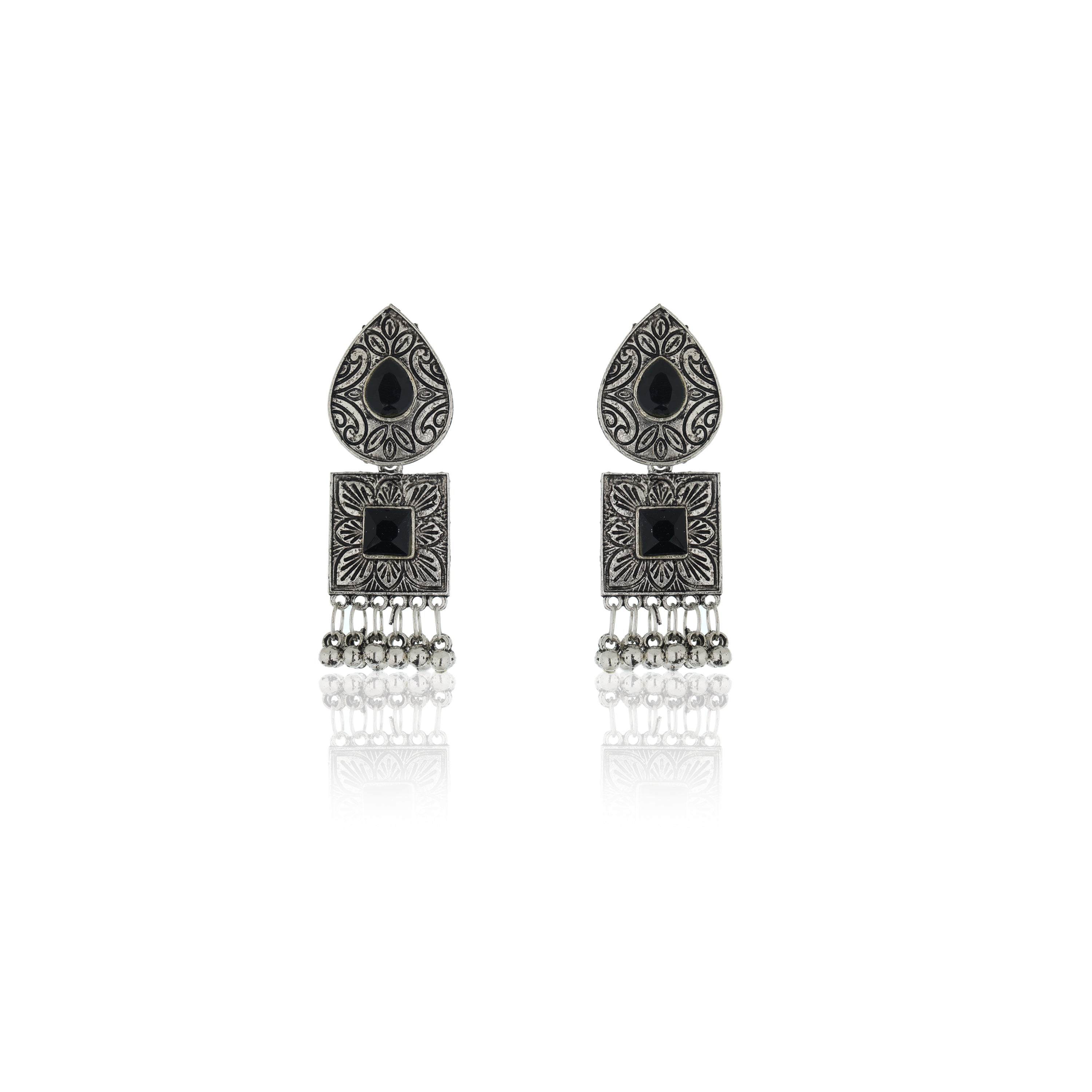 Oxidised choker set with black stones and matching earrings for a stunning festive appearance.