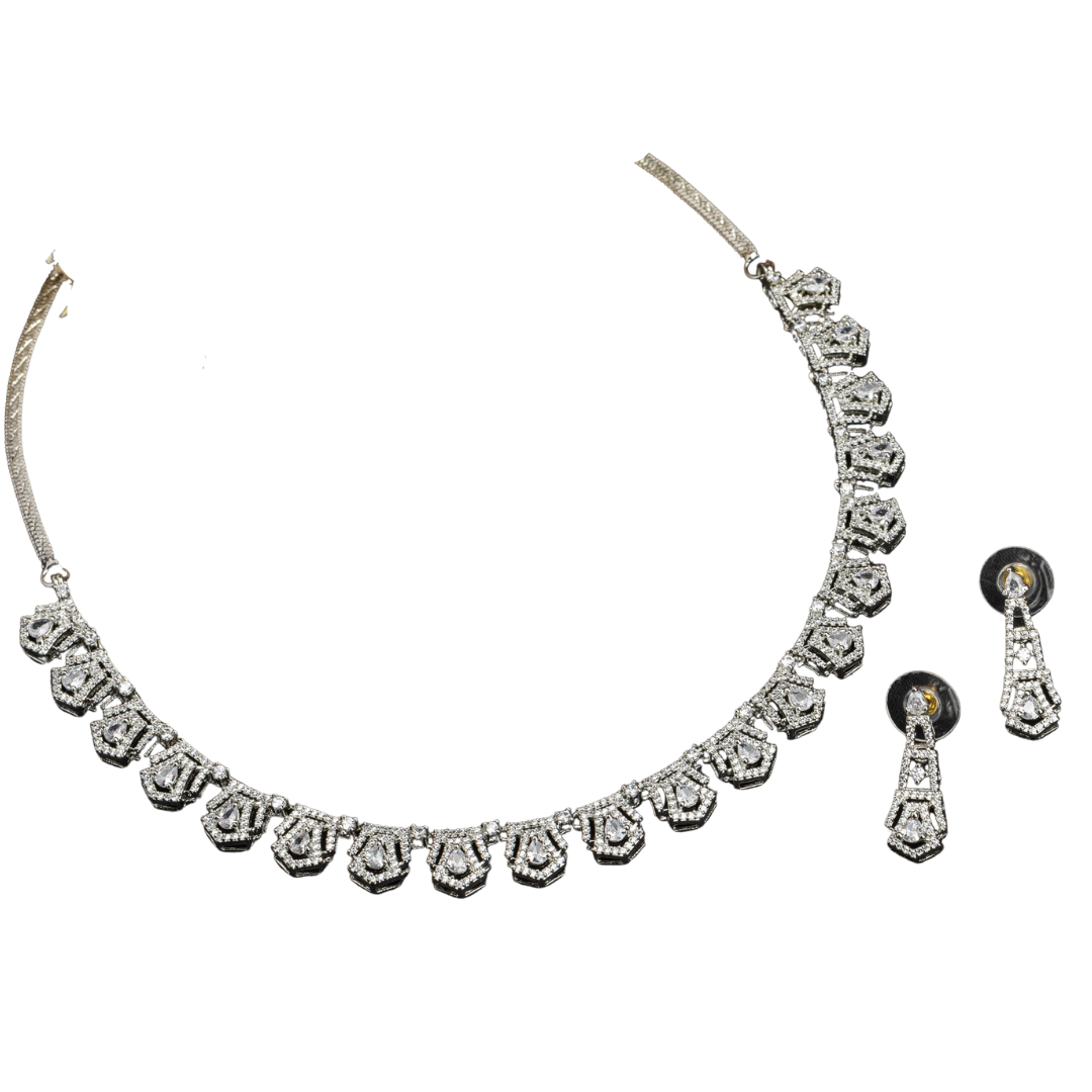 White zircon short necklace set with matching earrings for timeless elegance and sophistication.