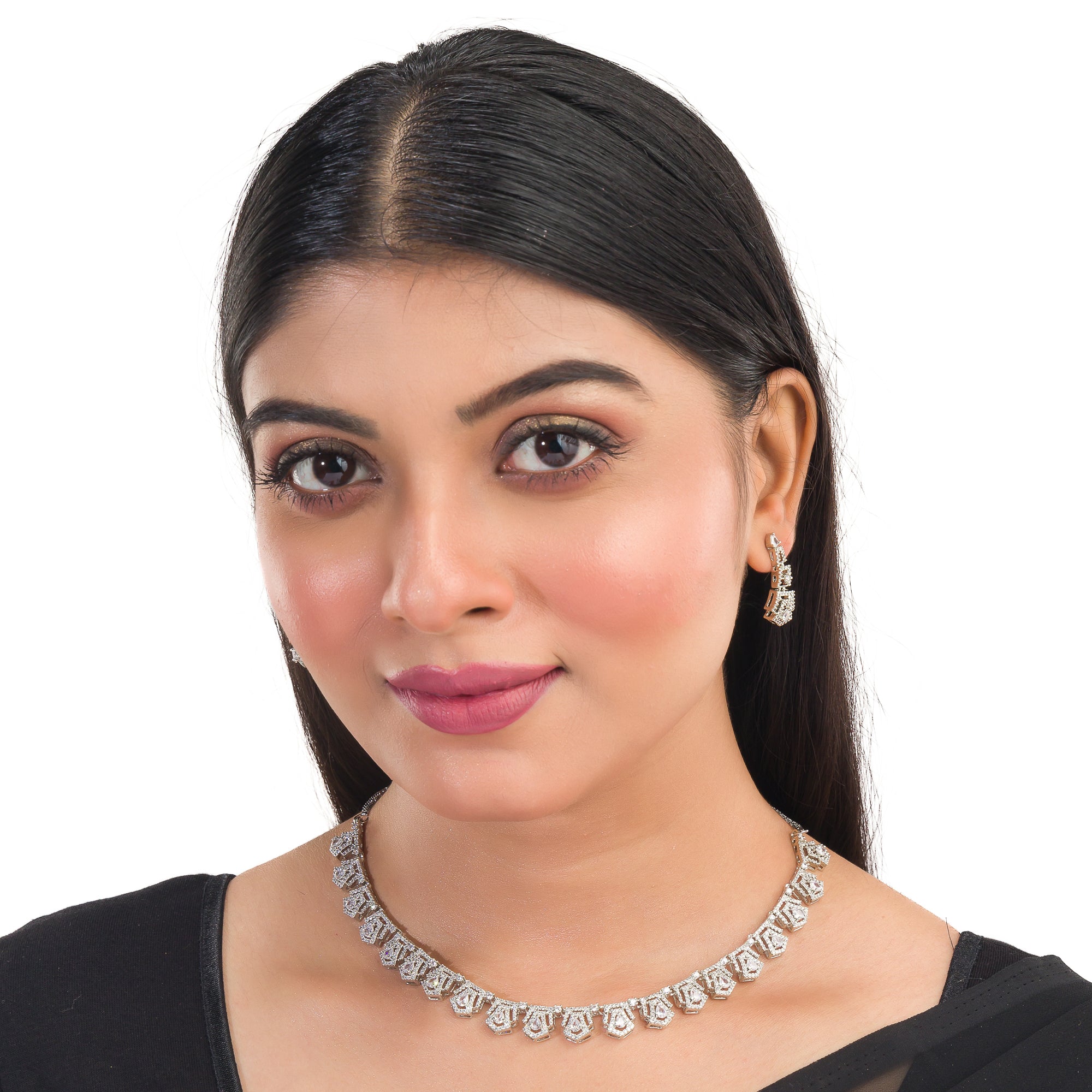 White zircon short necklace set with matching earrings for timeless elegance and sophistication.