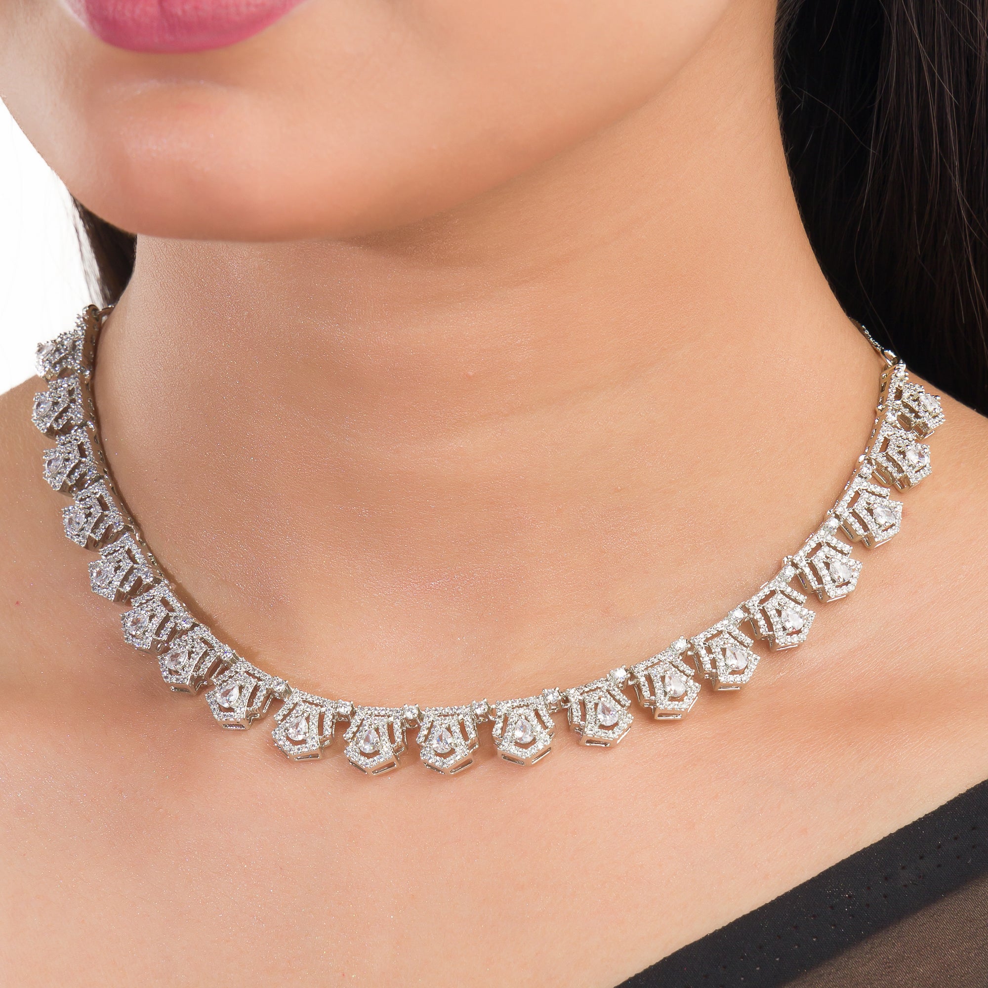 White zircon short necklace set with matching earrings for timeless elegance and sophistication.