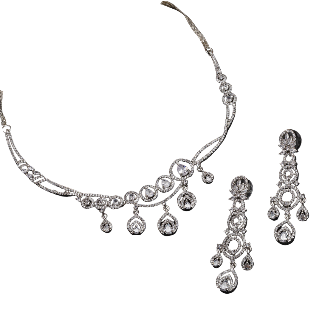 Zircon-studded silver necklace set with a dazzling, refined design for parties.