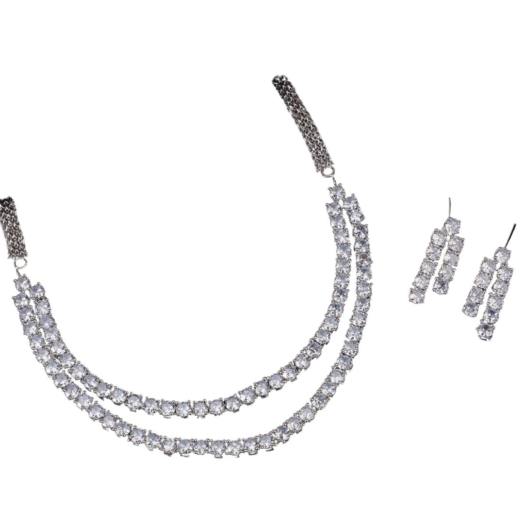 Double-layer silver necklace set with white zircon stones and matching earrings for sophistication.