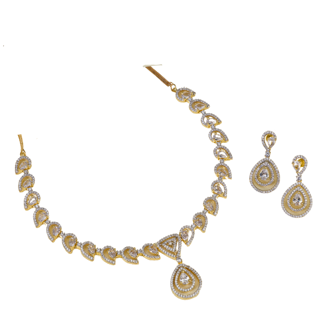 Golden polish zircon necklace set with matching earrings, blending luxury and elegance.