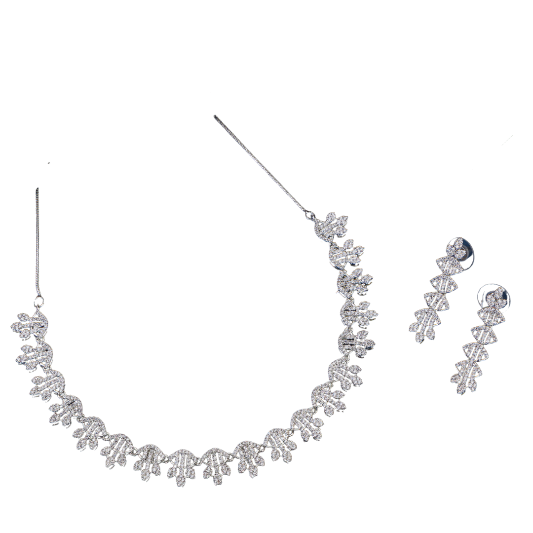White zircon short necklace set with matching earrings, exuding timeless elegance.