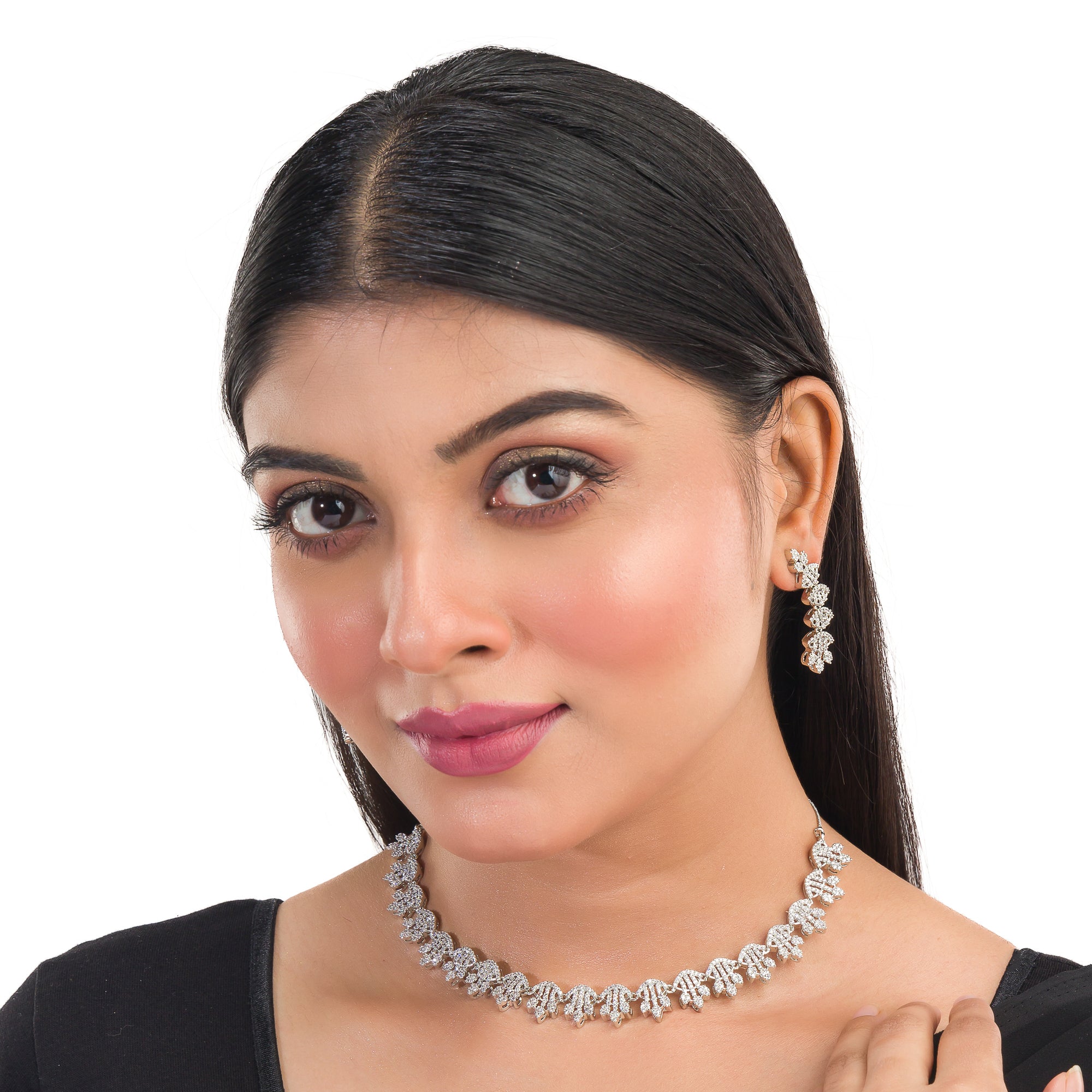 White zircon short necklace set with matching earrings, exuding timeless elegance.