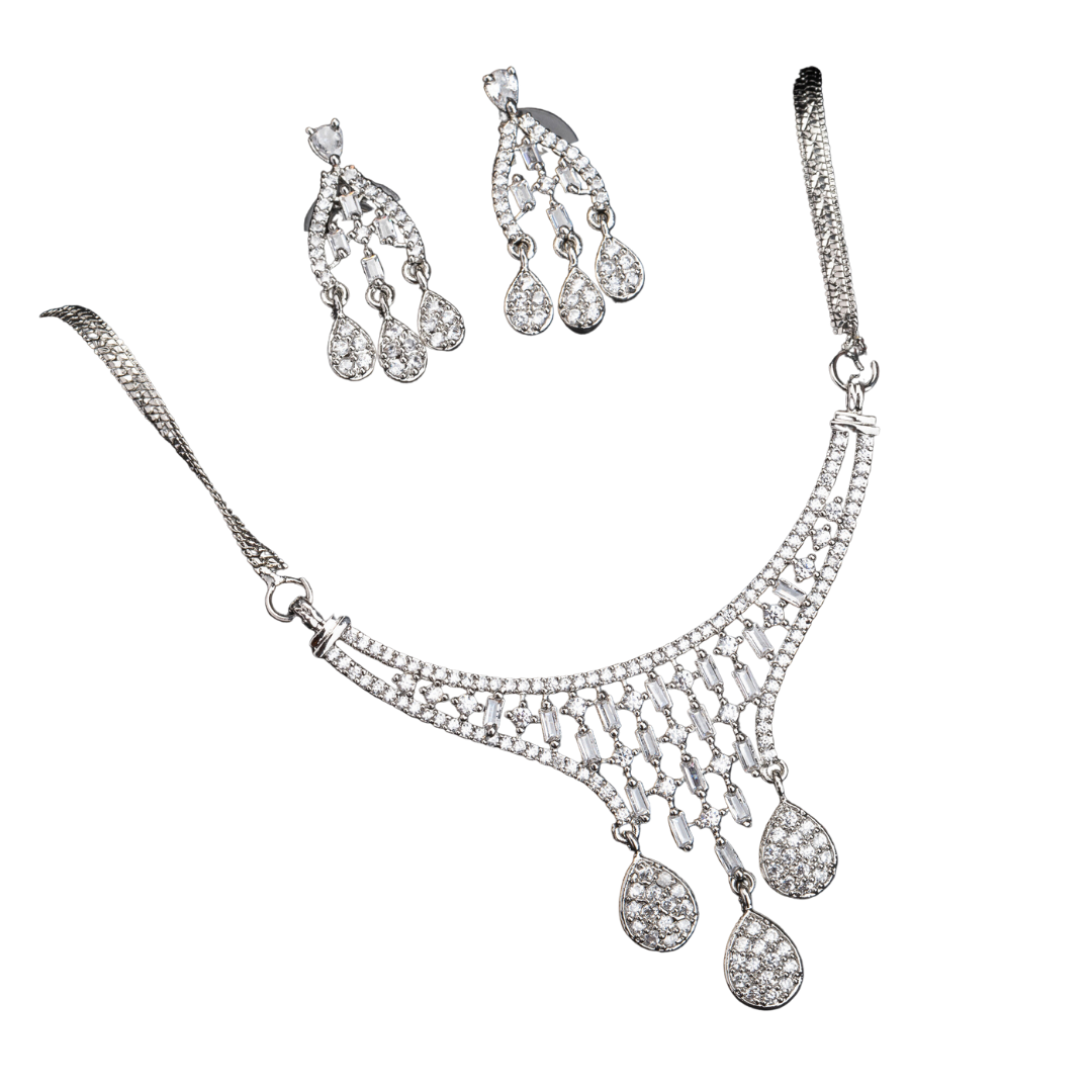 White zircon pendant and earrings set, perfect for festive elegance and timeless style.