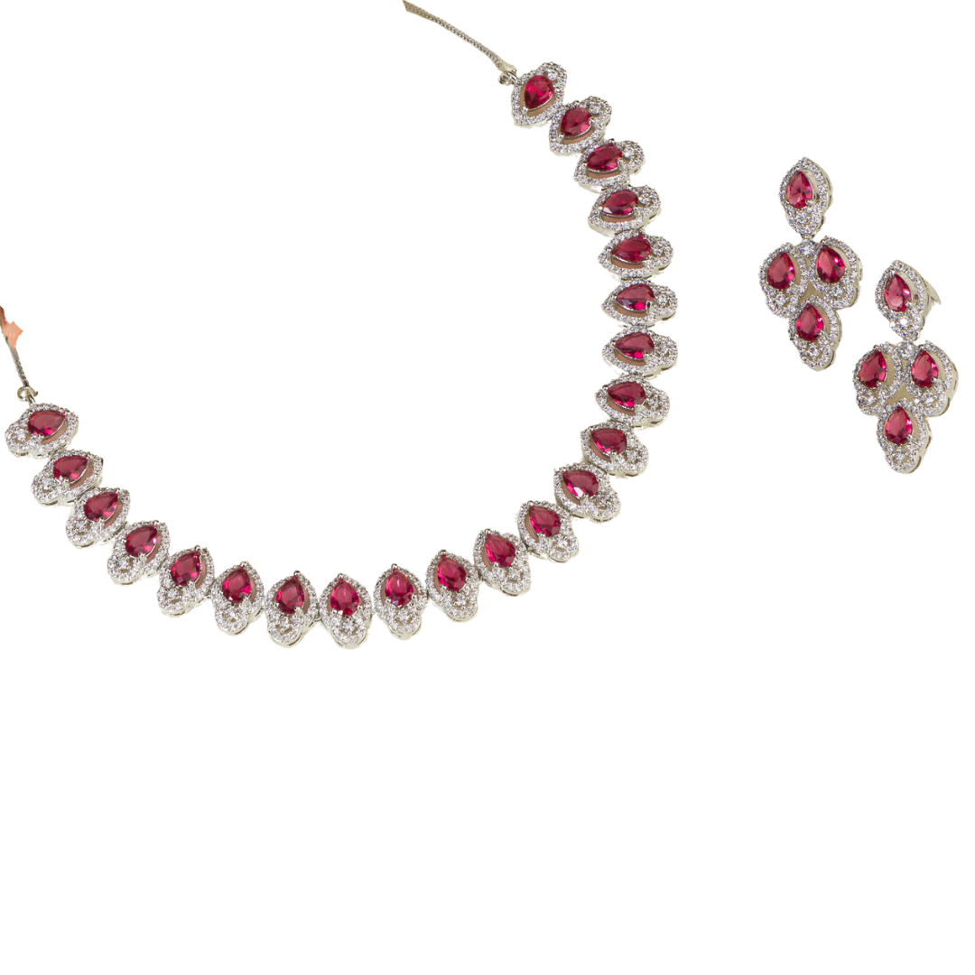 Red stone zircon necklace set, a bold and vibrant choice for striking party elegance.