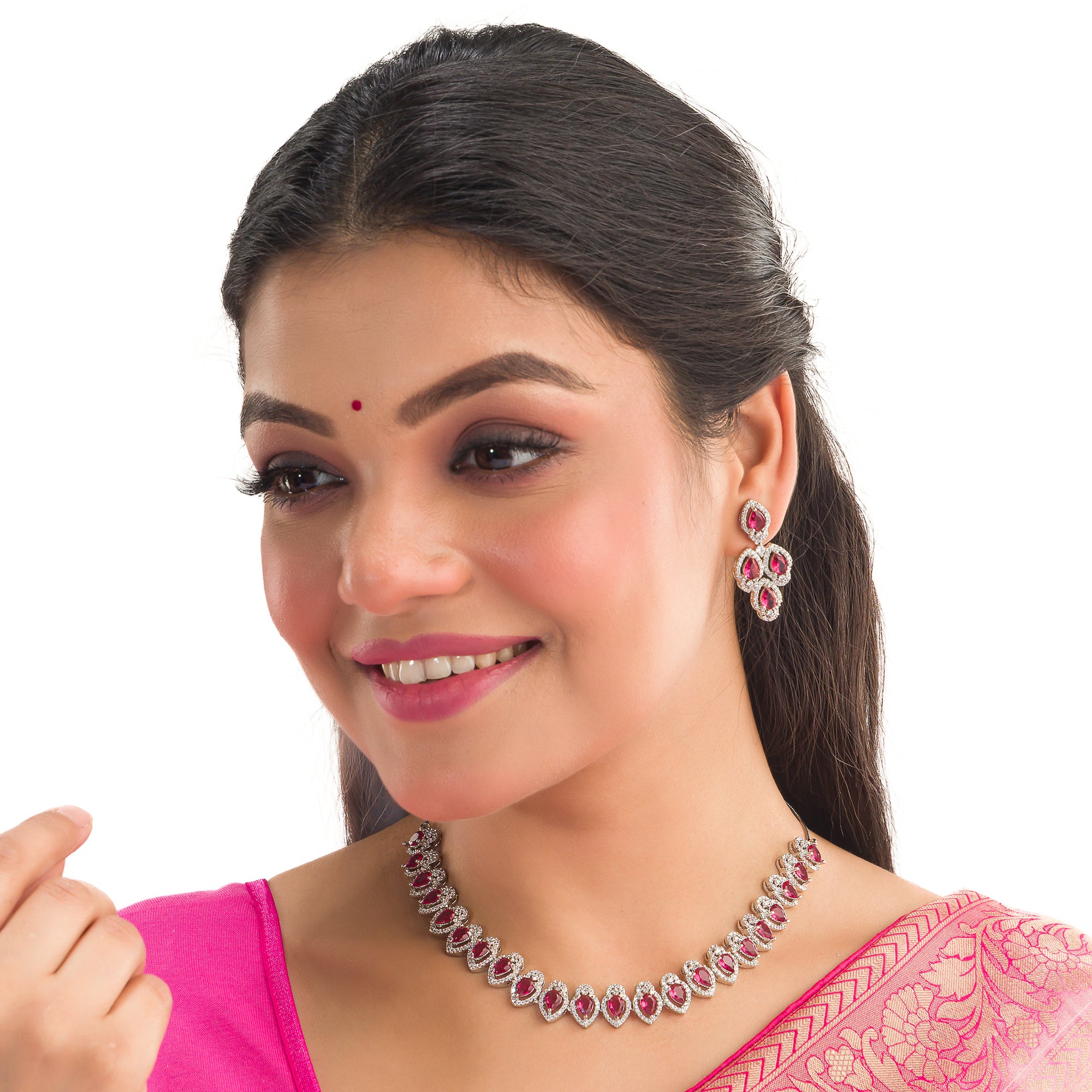 Red stone zircon necklace set, a bold and vibrant choice for striking party elegance.