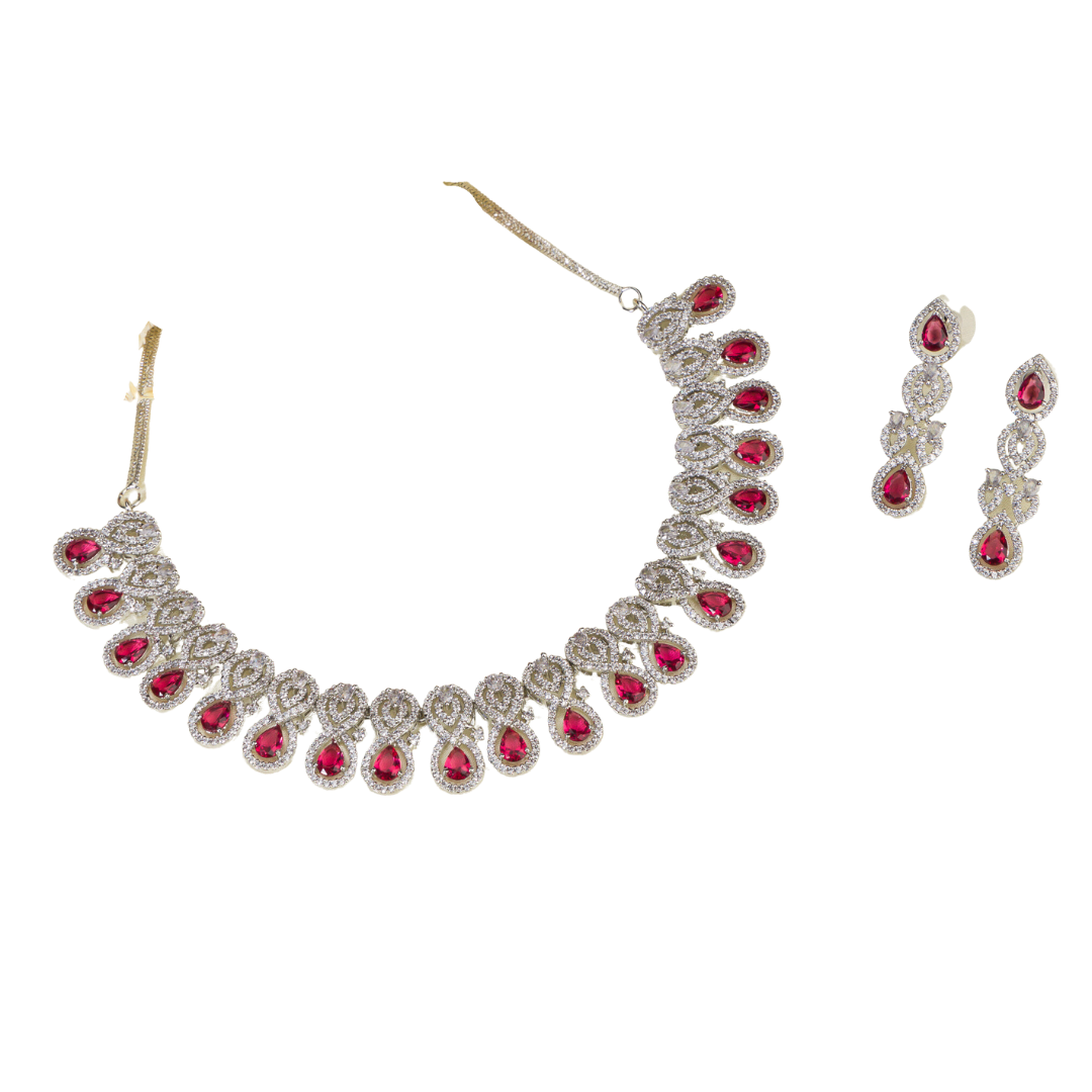 Bold red zircon necklace set, combining vibrant red stones with dazzling zircon sparkle for elegance.