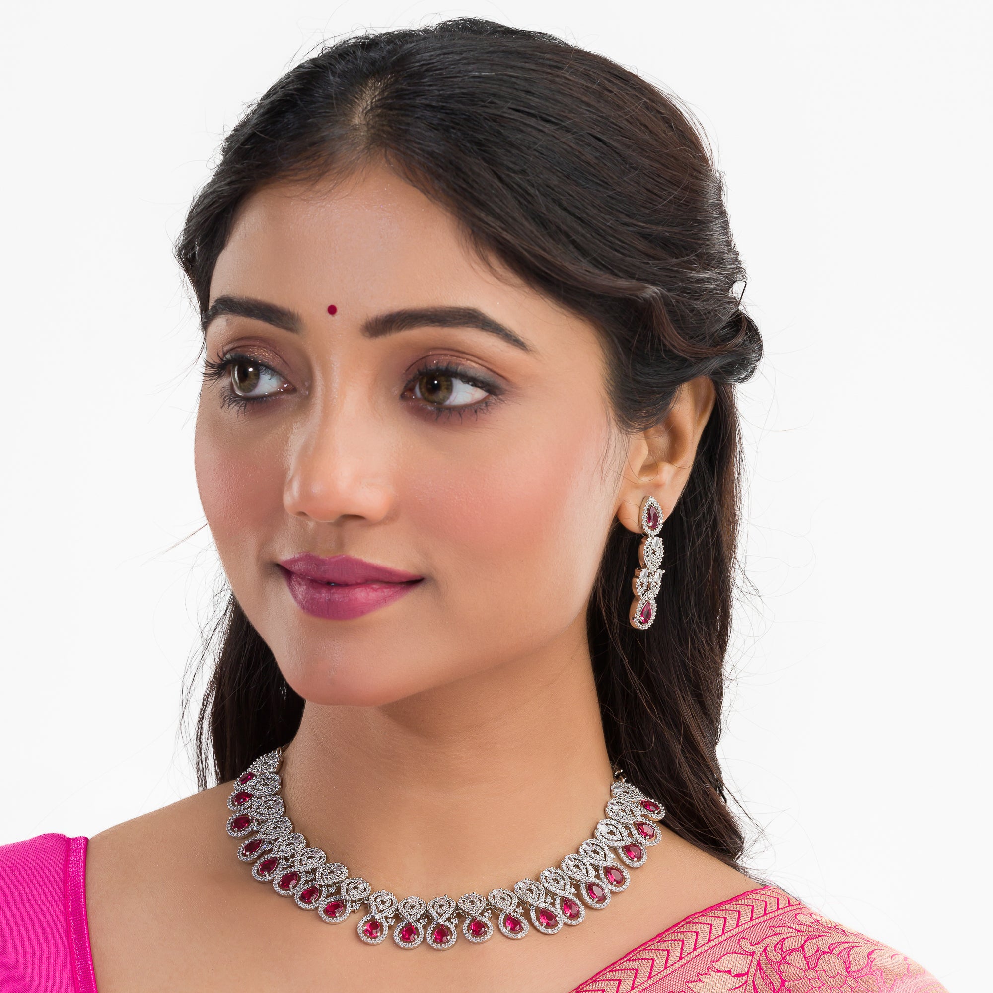 Bold red zircon necklace set, combining vibrant red stones with dazzling zircon sparkle for elegance.