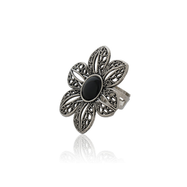 Floral oxidized silver finger ring with beautiful patterns and antique finish for elegance.