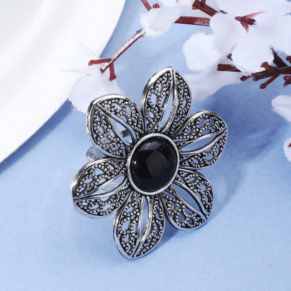 Floral oxidized silver finger ring with beautiful patterns and antique finish for elegance.