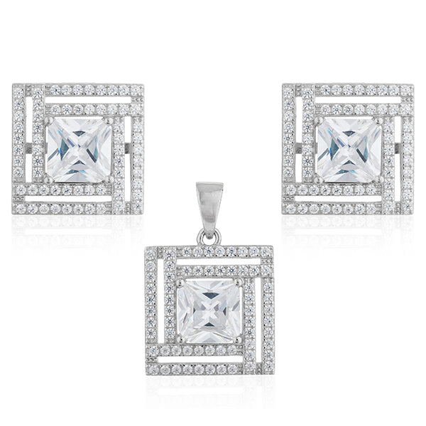 925 silver pendant set with zircon-studded earrings, adding sophisticated sparkle.