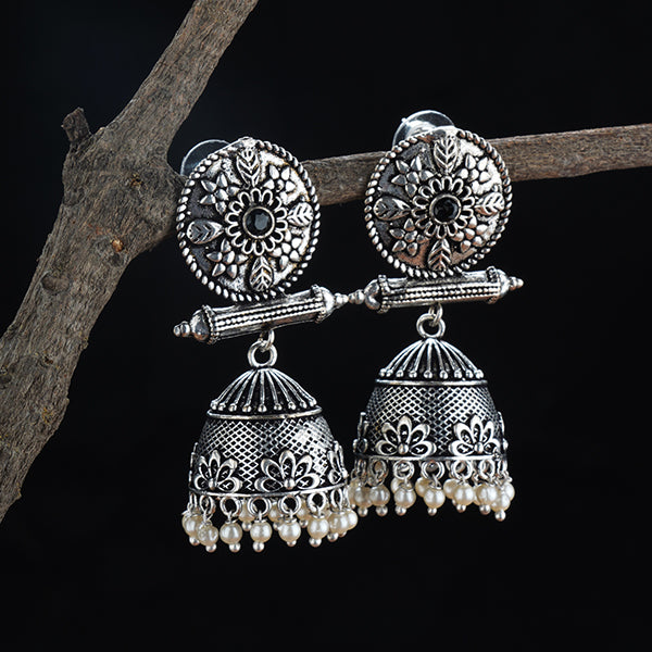"Elegant oxidized jhumkas with intricate designs, blending traditional charm with a modern touch."