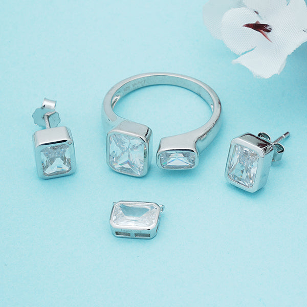 "925 silver pendant set with zircon stones, includes matching earrings and finger ring for a complete look."