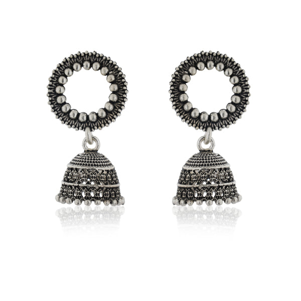 "Elegant oxidized silver jhumkas with intricate detailing, blending tradition & modern style."