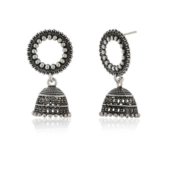 "Elegant oxidized silver jhumkas with intricate detailing, blending tradition & modern style."