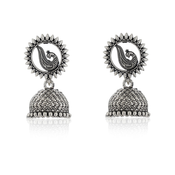 "Timeless oxidized silver jhumkas with detailed craftsmanship, perfect for festive occasions."