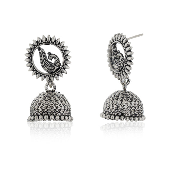 "Timeless oxidized silver jhumkas with detailed craftsmanship, perfect for festive occasions."