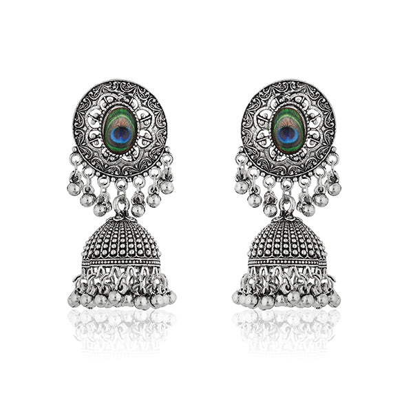 "Oxidized peacock feather jhumkas with intricate details, blending tradition and elegance."