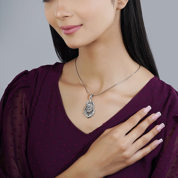 "Intricately crafted 925 silver pendant featuring a powerful depiction of Lord Narasimha."