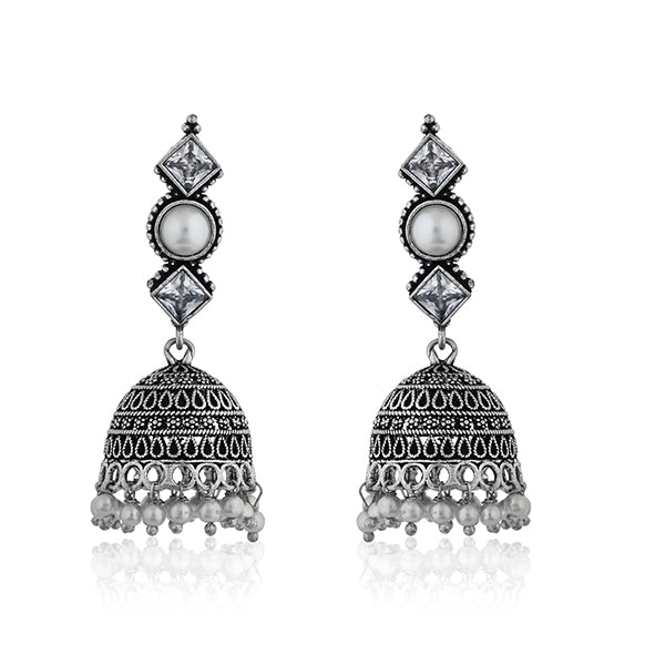 Intricately detailed oxidised jhumka earrings, showcasing a traditional design for a timeless look."
