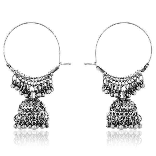 Beautiful oxidized jhumka earrings with intricate detailing, showcasing traditional elegance."
