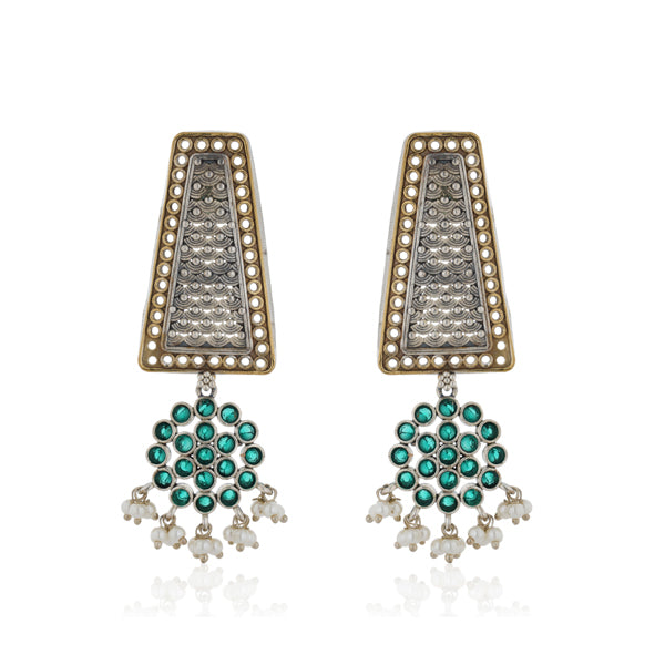 Dual-color oxidized dangler earrings with green stones and pearls, perfect for a festive charm.