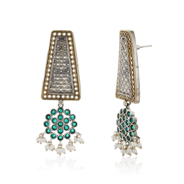Dual-color oxidized dangler earrings with green stones and pearls, perfect for a festive charm.