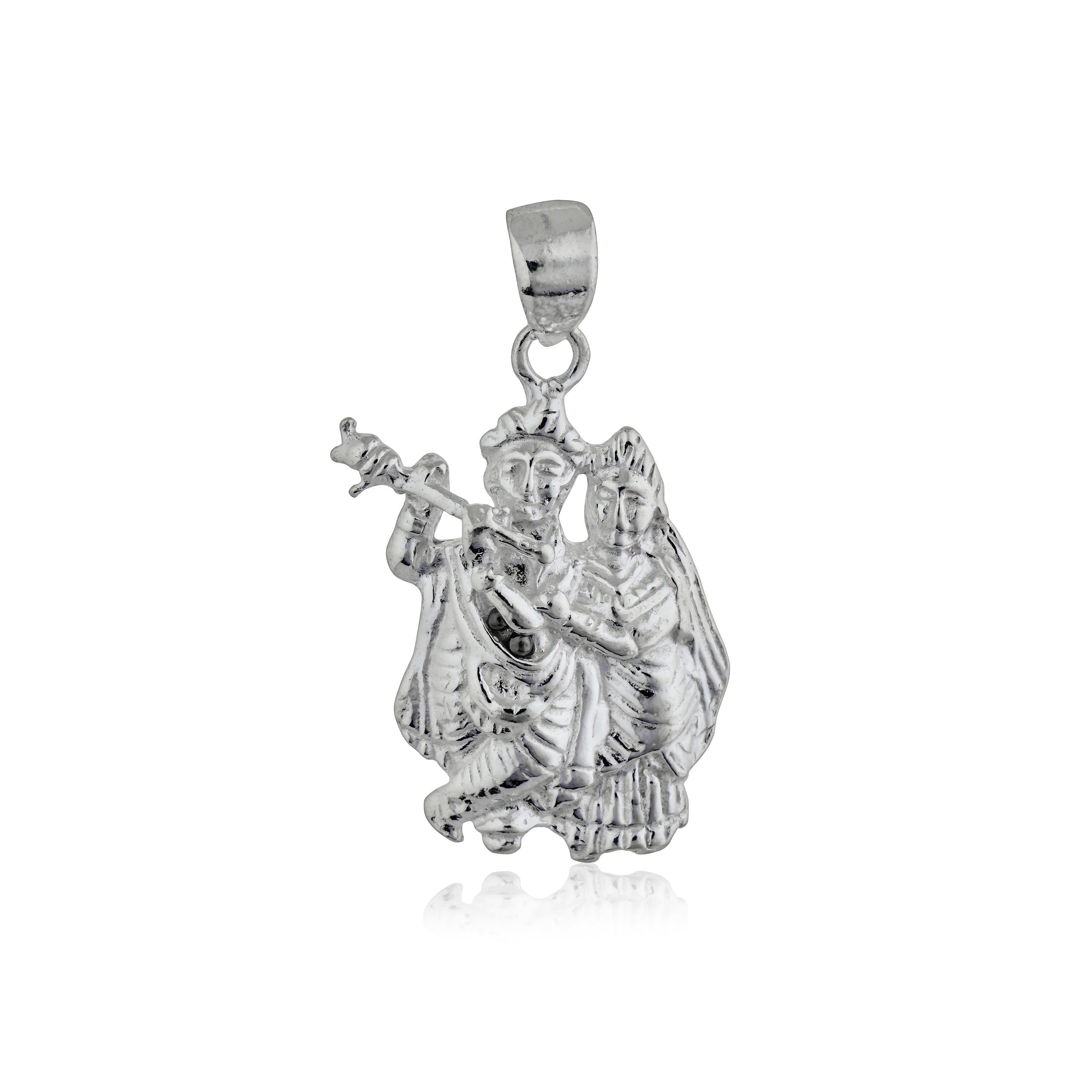 925 silver pendant with intricate Radha Krishna design, blending spirituality with elegance.