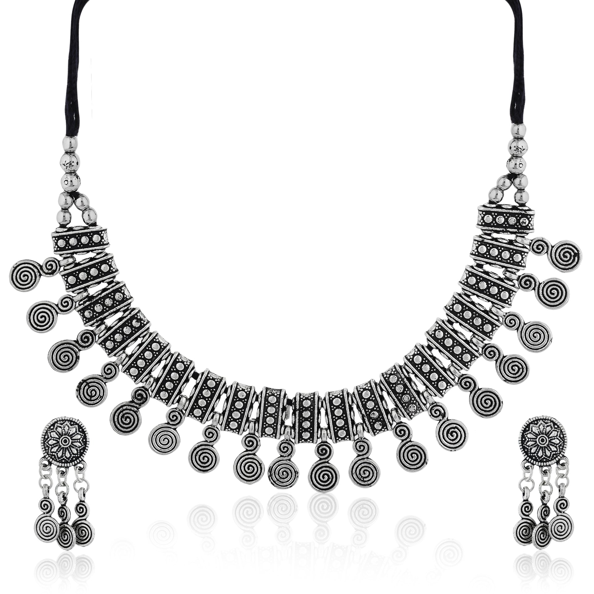 Vintage-style oxidized short necklace set with intricate detailing, perfect for festive elegance.