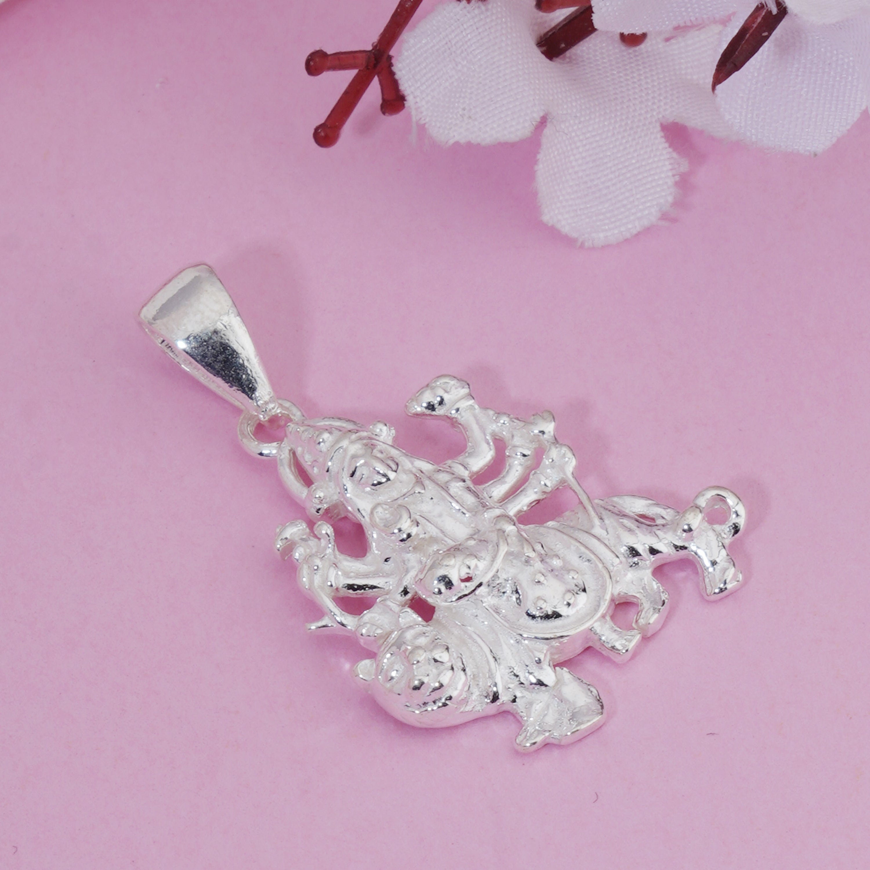 Intricately crafted 925 silver pendant with Goddess Durga design, symbolizing strength and devotion.