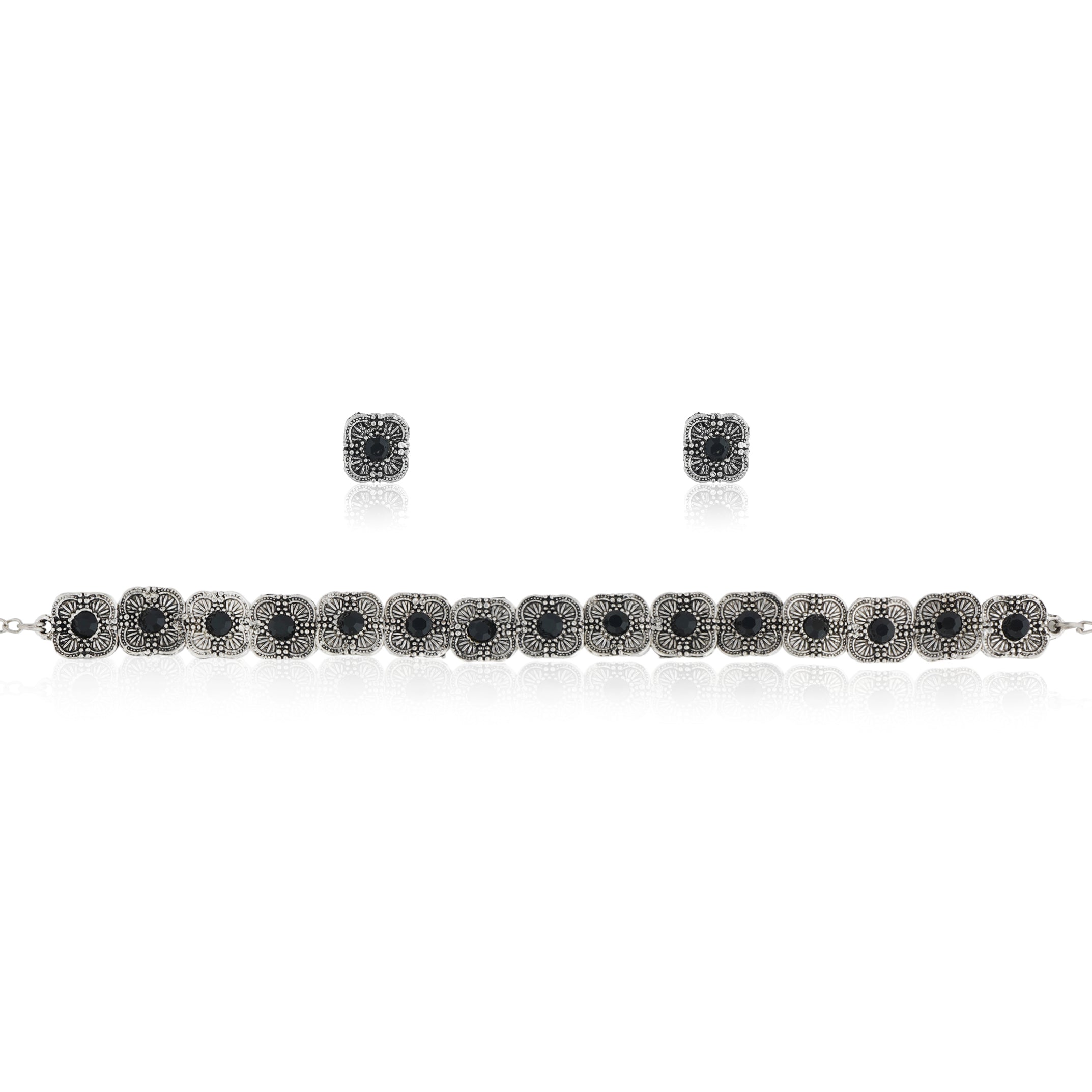 Floral design oxidized choker set with matching earrings, perfect for festive elegance.