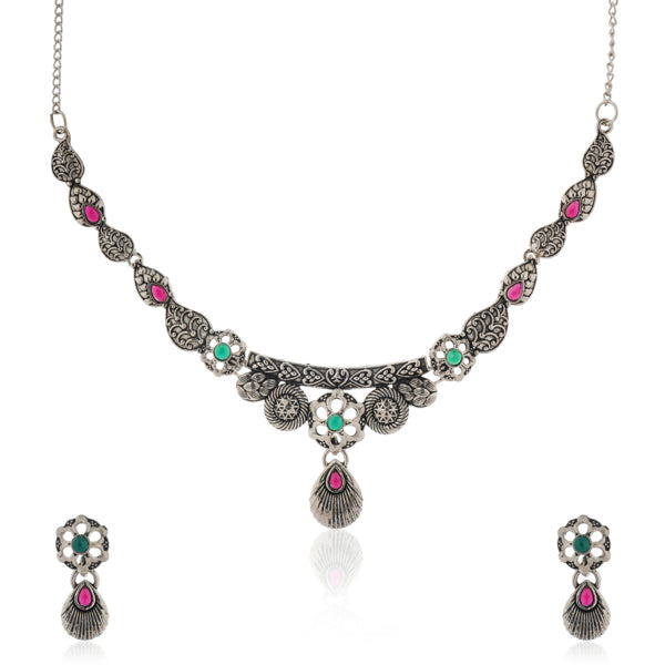 Elegant oxidized choker set with matching earrings and bracelet, ideal for a stylish festive look.