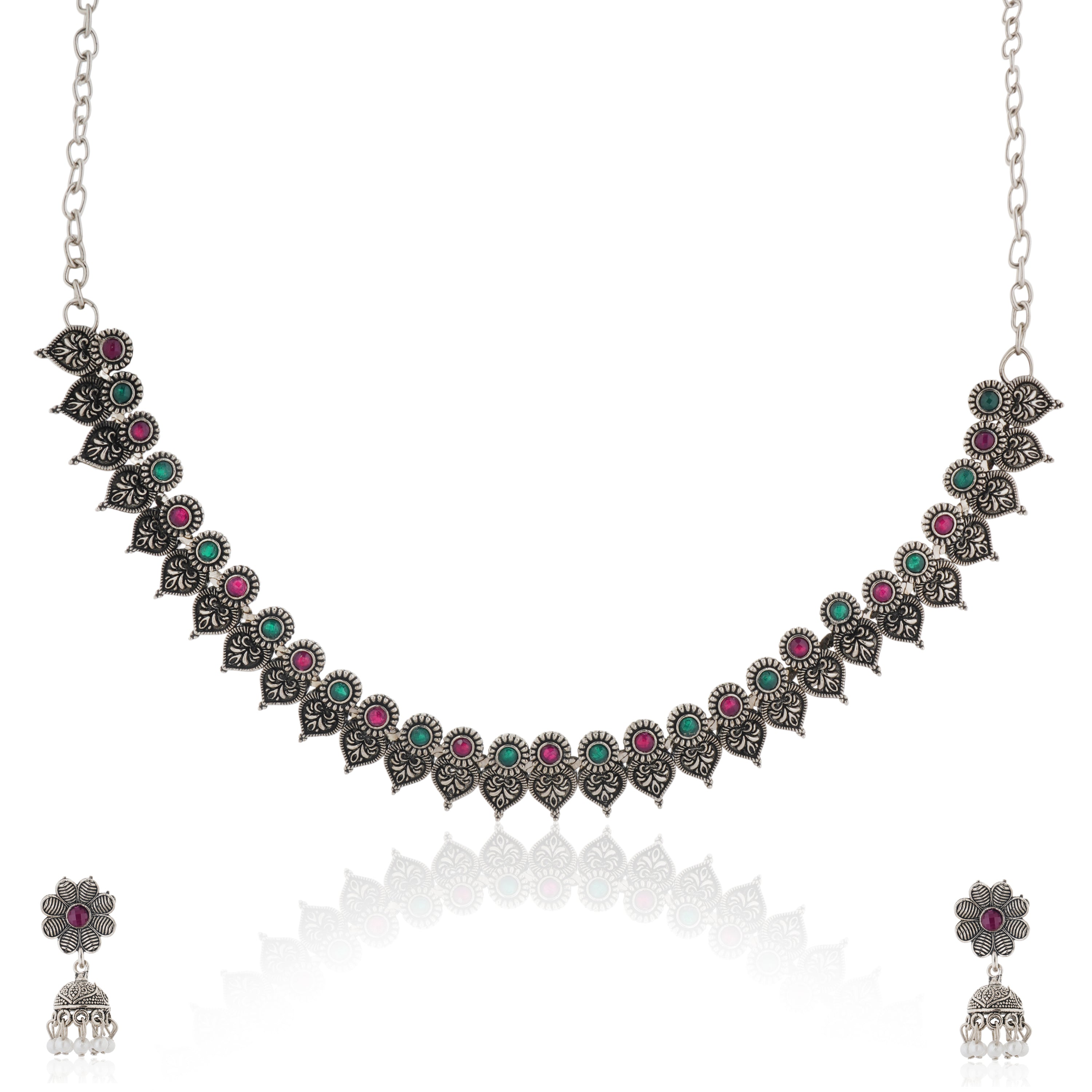 Elegant oxidized necklace set with green and pink stones, paired with matching jhumka earrings.