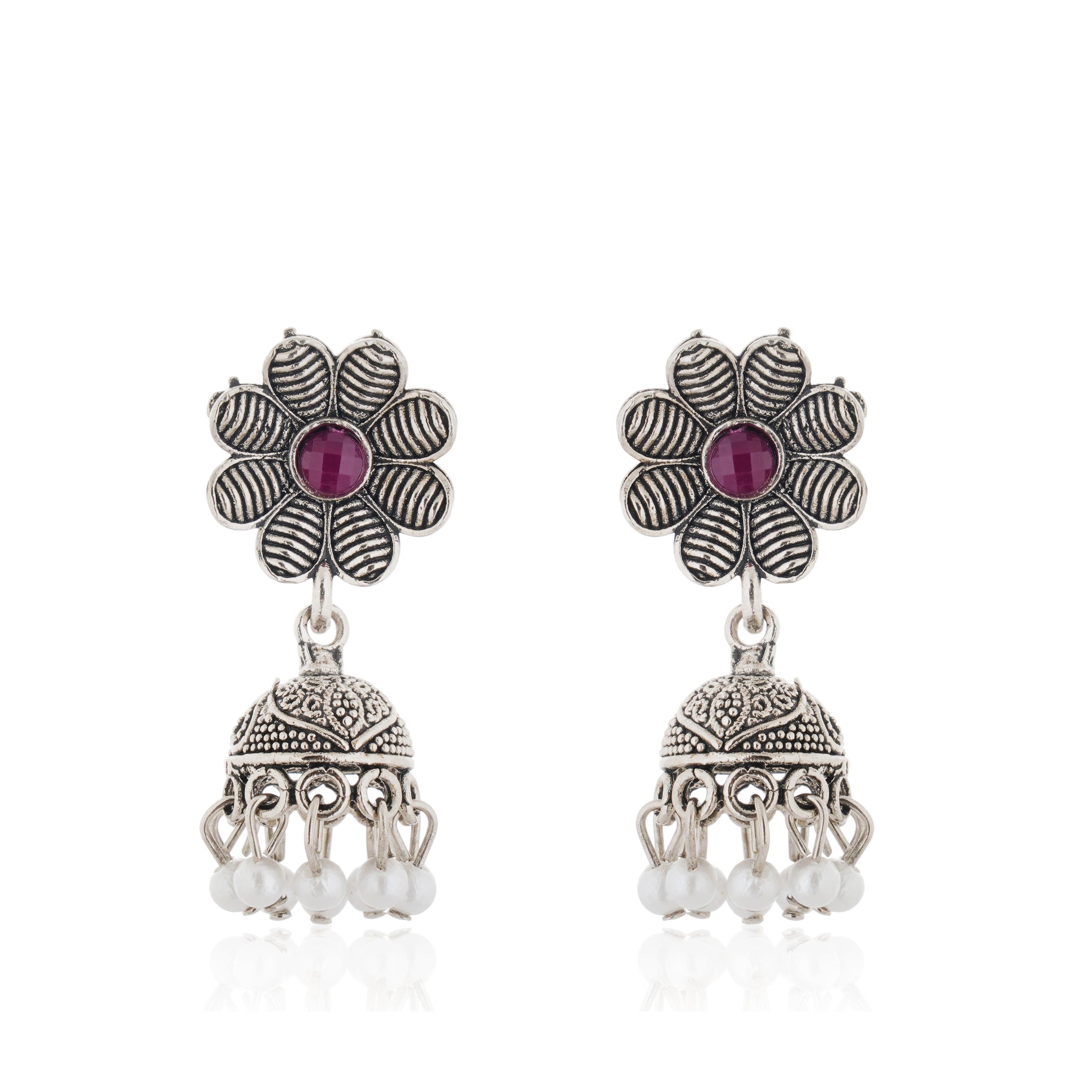 Elegant oxidized necklace set with green and pink stones, paired with matching jhumka earrings.