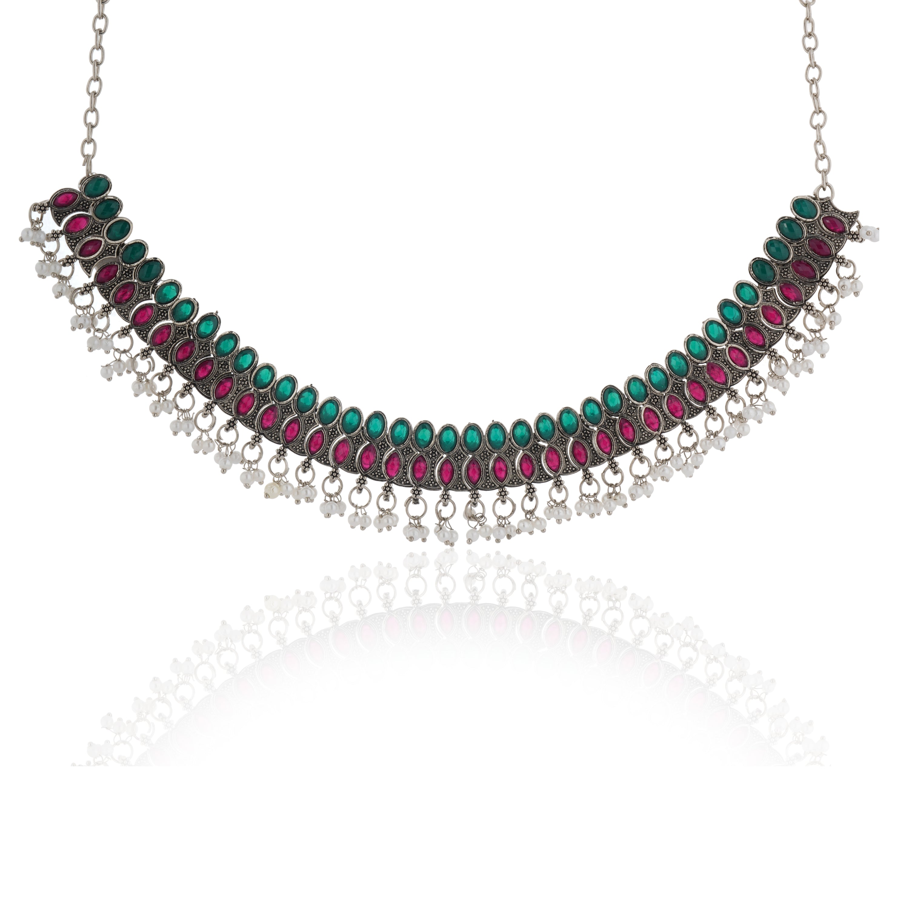 Elegant oxidized necklace set with green and pink stones, paired with matching jhumka earrings.