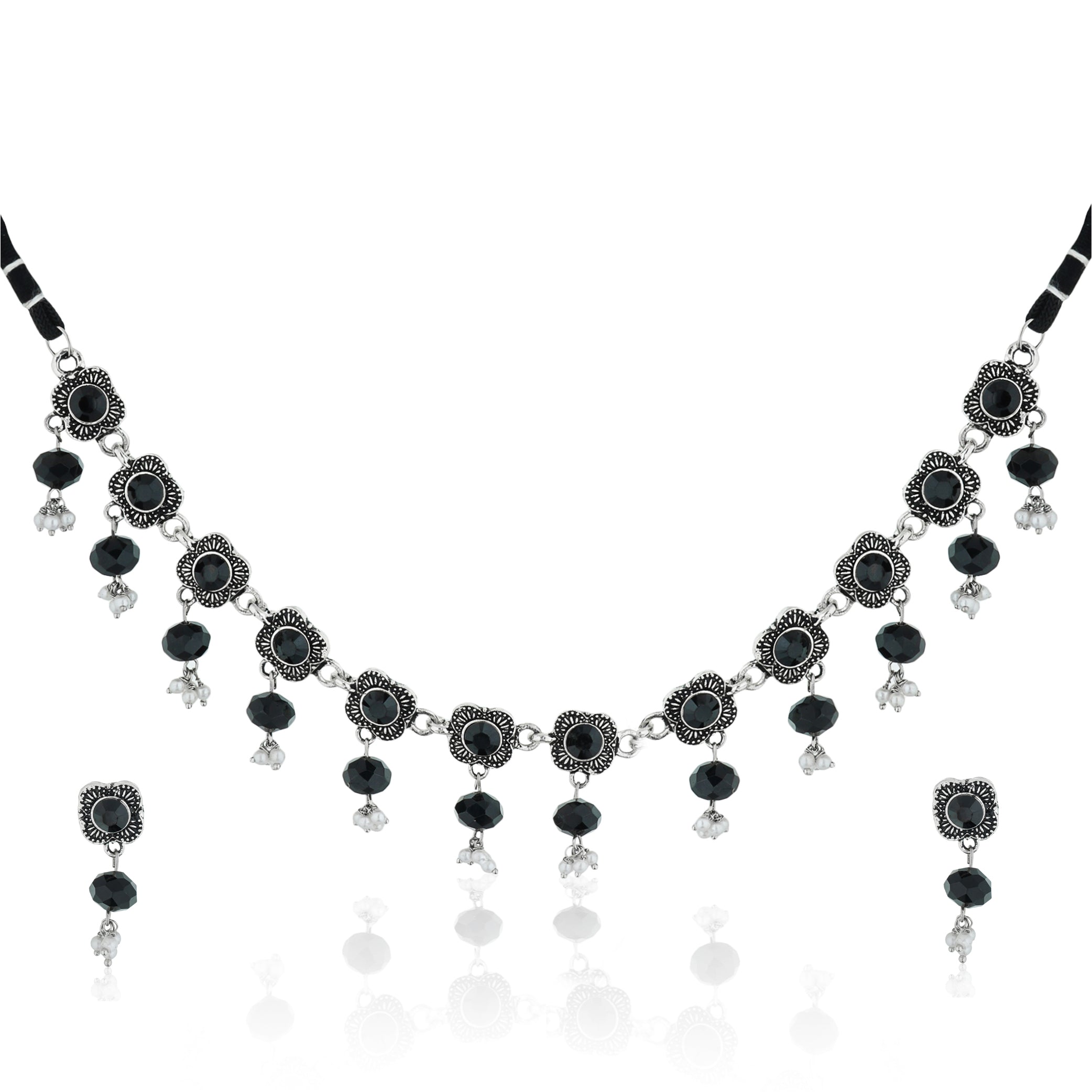 Elegant oxidized short necklace set with black stones, offering a bold and sophisticated look.