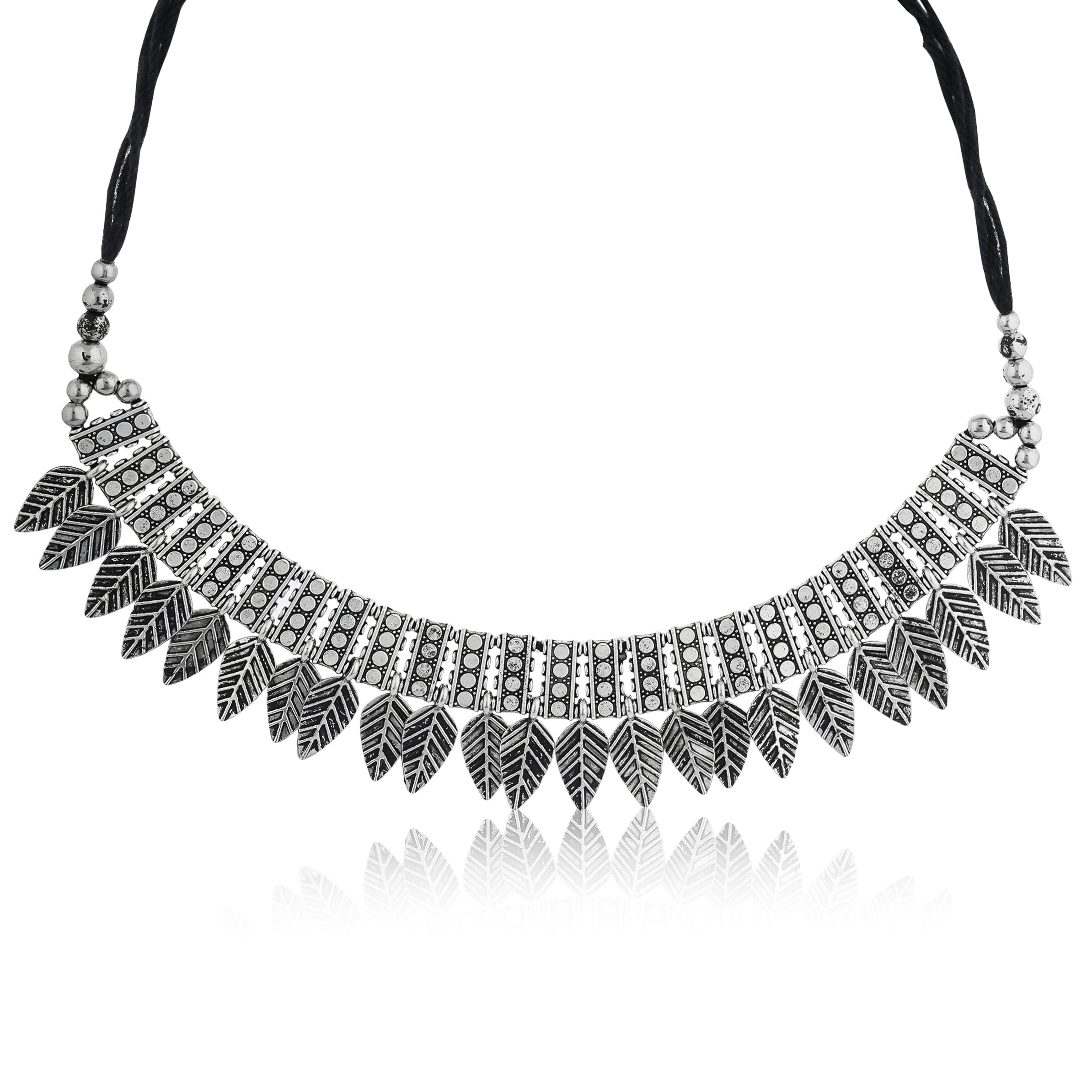 Stylish oxidized short necklace set with intricate leaf designs, perfect for festive elegance.