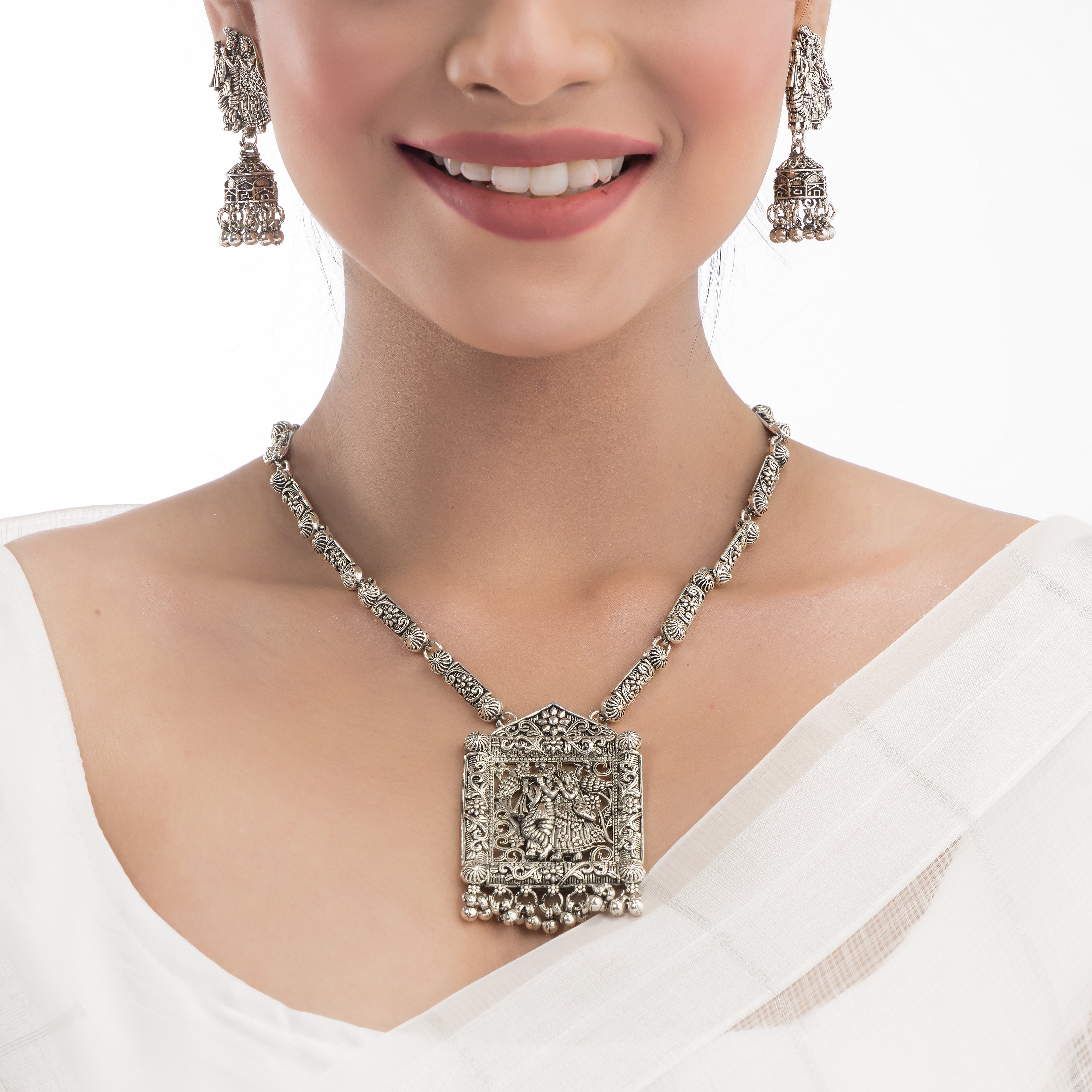 Elegant oxidized long necklace set, perfect for festive looks with a traditional touch.