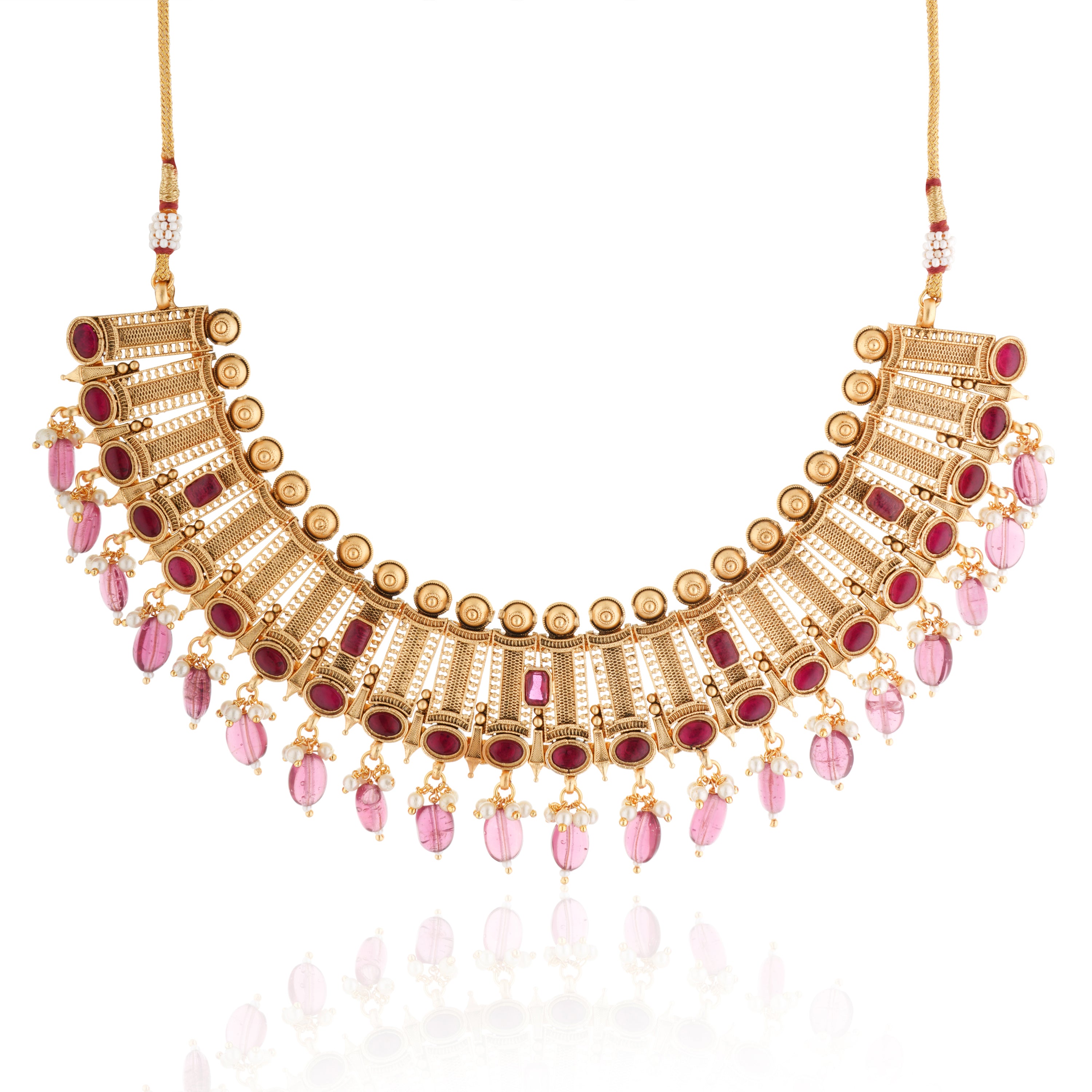Elegant gold-tone choker necklace set with matching earrings, perfect for festive occasions