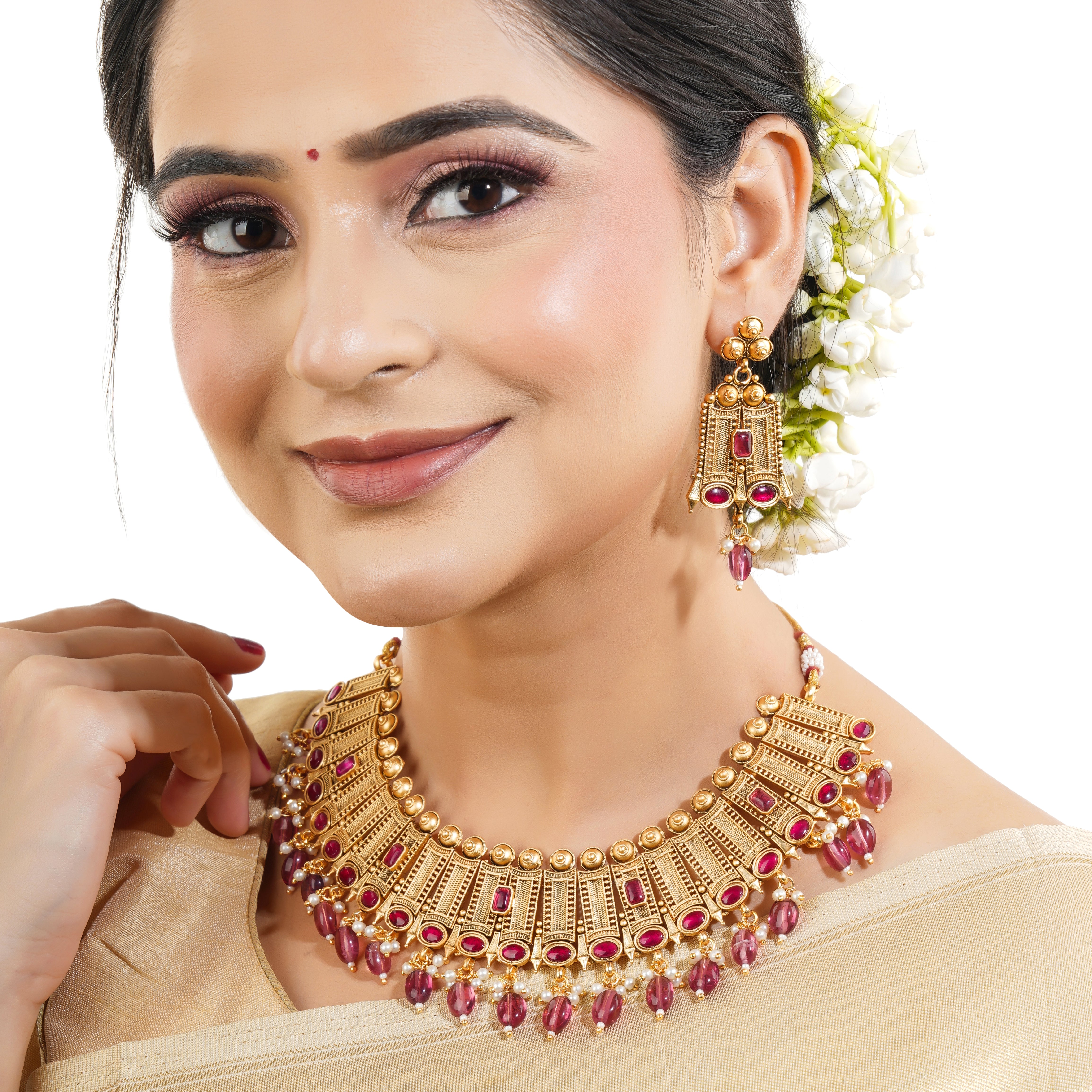 Elegant gold-tone choker necklace set with matching earrings, perfect for festive occasions