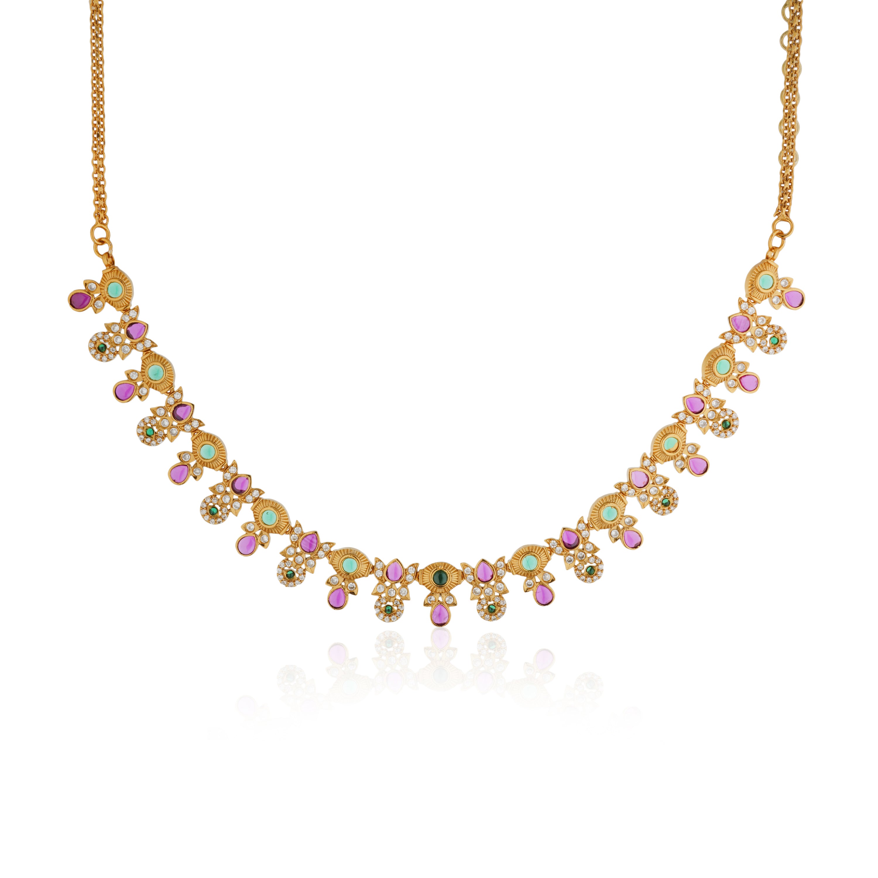 Gold-tone short necklace set with vibrant multicolor stones and matching earrings, perfect for celebrations.