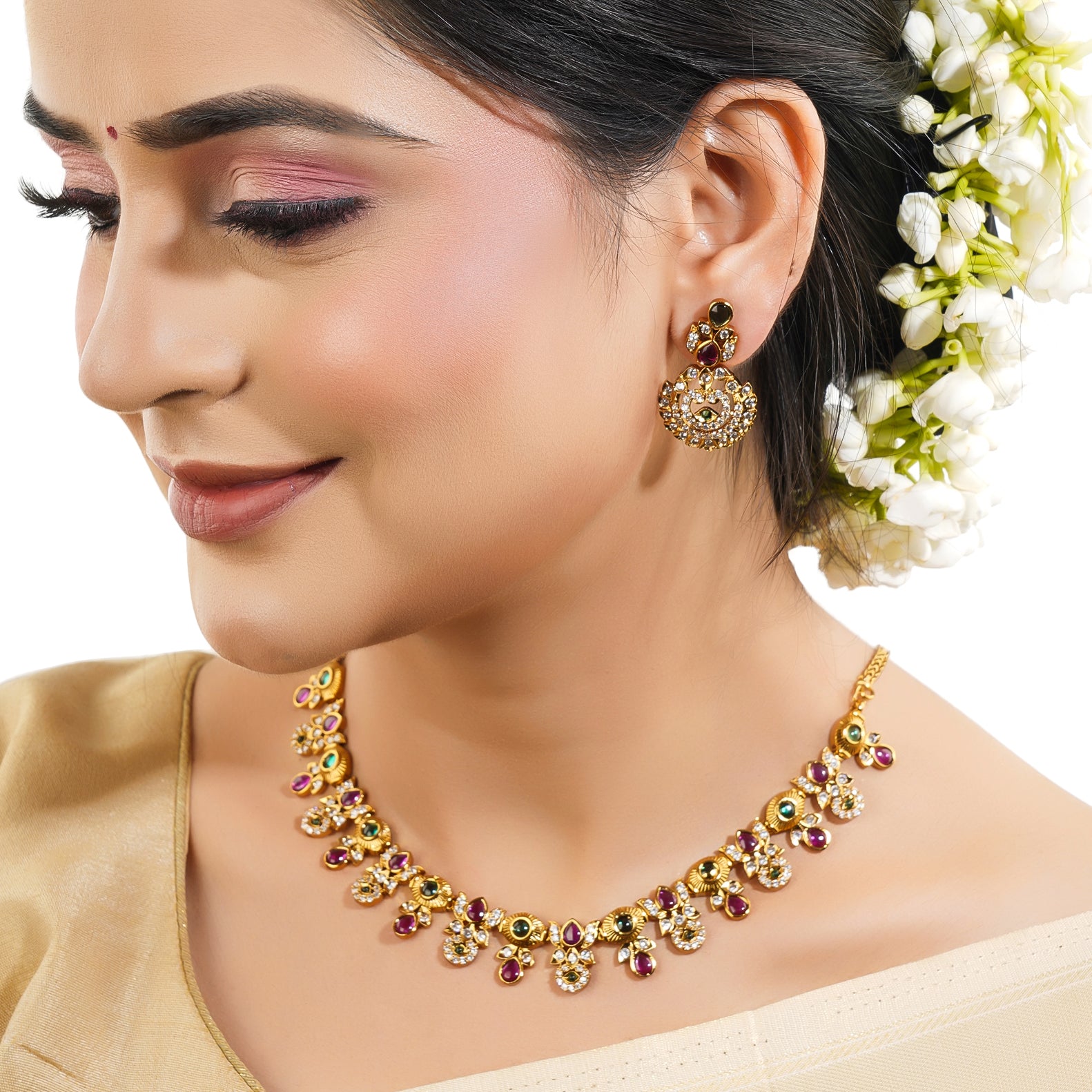 Gold-tone short necklace set with vibrant multicolor stones and matching earrings, perfect for celebrations.